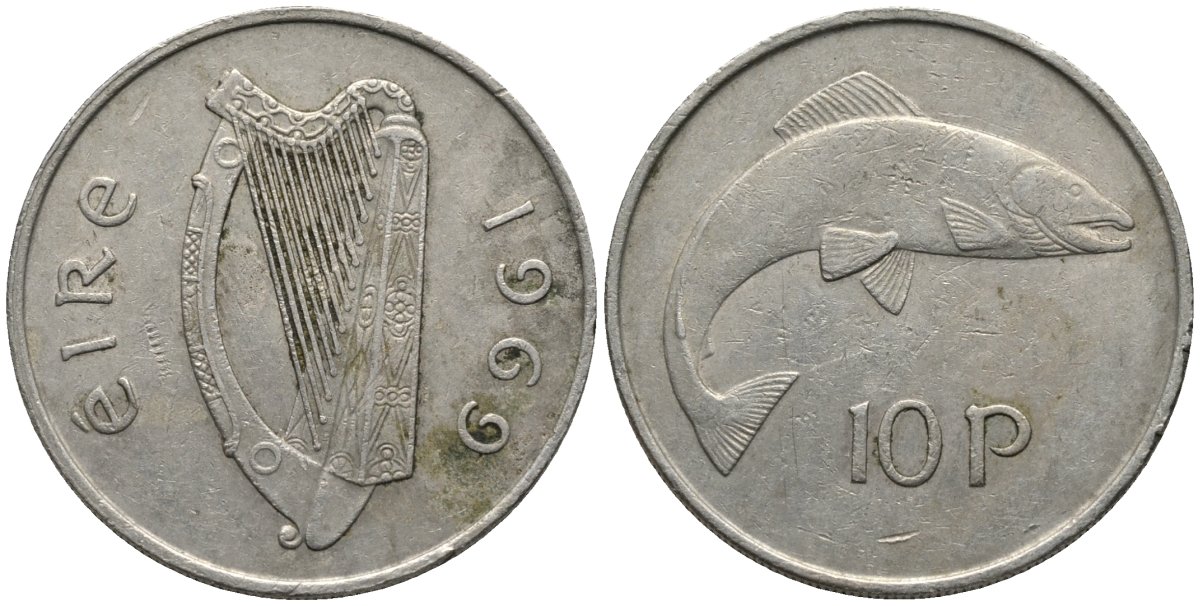 Ирландия 10 пенсов 1969 лосось KM 23 медно-никель 3855-941