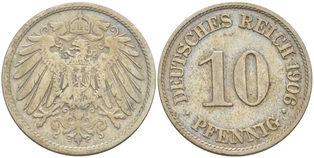 Германия 10 пфеннигов 1906 A KM 12, J. 13, Weege 8 медно-никель 259-914