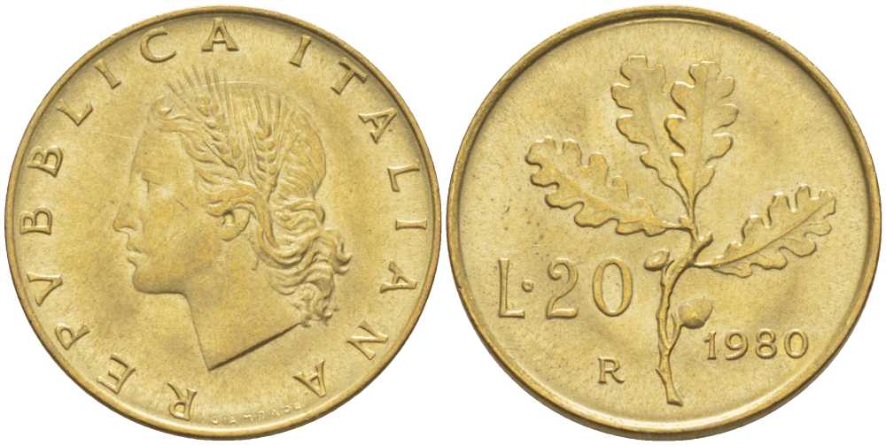 ИТАЛИЯ 20 ЛИР 1980 R, ДУБОВЫЙ ЛИСТ KM 97.2 алюминиевая бронза 113-1254