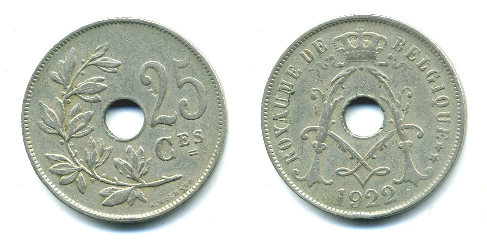 БЕЛЬГИЯ 25 САНТИМОВ 1922 BELGIQUE KM 68.1 медно-никель 4385-541