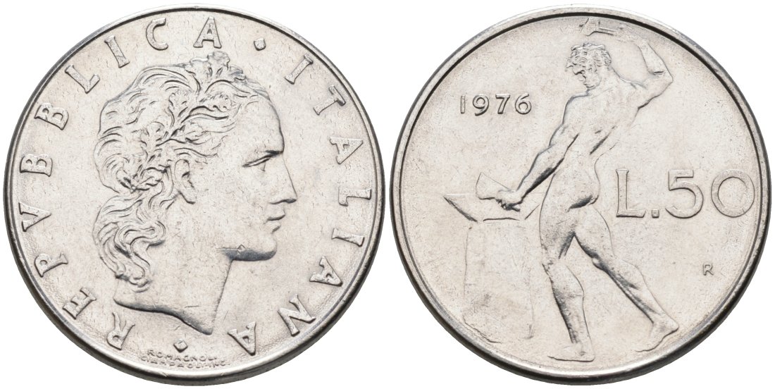 ИТАЛИЯ 50 ЛИР 1976 R, БОГ ОГНЯ ВУЛКАН У НАКОВАЛЬНИ КМ 95.1 нержавеющая сталь 4573-223