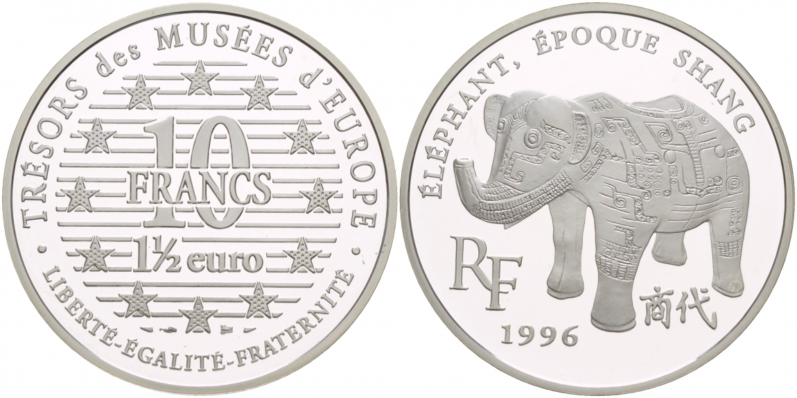Франция 10 франков = 1 1/2 евро 1996 серия сокровища музеев Европы, слон династии Шан KM 1123 серебро PROOF 1088-8-43