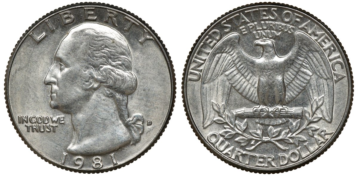 США 25 ЦЕНТОВ = КВОТЕР 1981 D, ВАШИНГТОН KM А164а медь покрытая медно-никелем 72-945