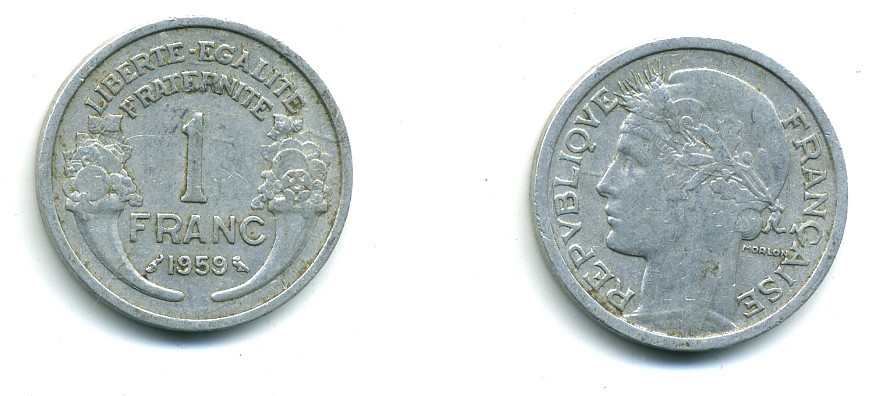 ФРАНЦИЯ 1 ФРАНК 1959 ТИП MORLON, LEGERE KM 885a.1, LE FRANC 221.23 алюминий 84-526