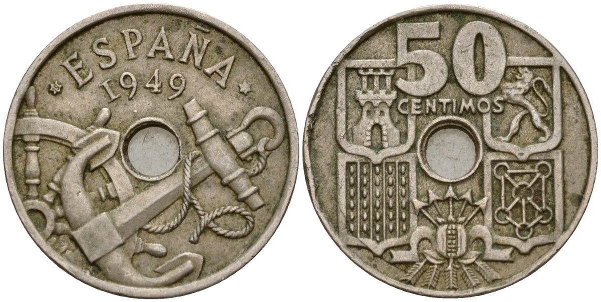 Испания 50 сентимо 1949 (19) Франсиско Франко (1939-1975), морская атрибутика KM 777 медно-никель 4177-514