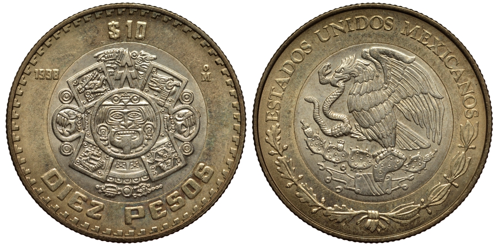 Мексика 10 песо 1998 Мо, бог Тонатиуха с огненной маской KM 616 биметалл XF 215-1023