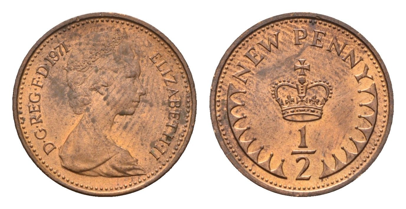 Великобритания 1/2 новый пенни 1971 Елизавета II (1952-2022) KM 914, Spink 4239 бронза UNC 96-549