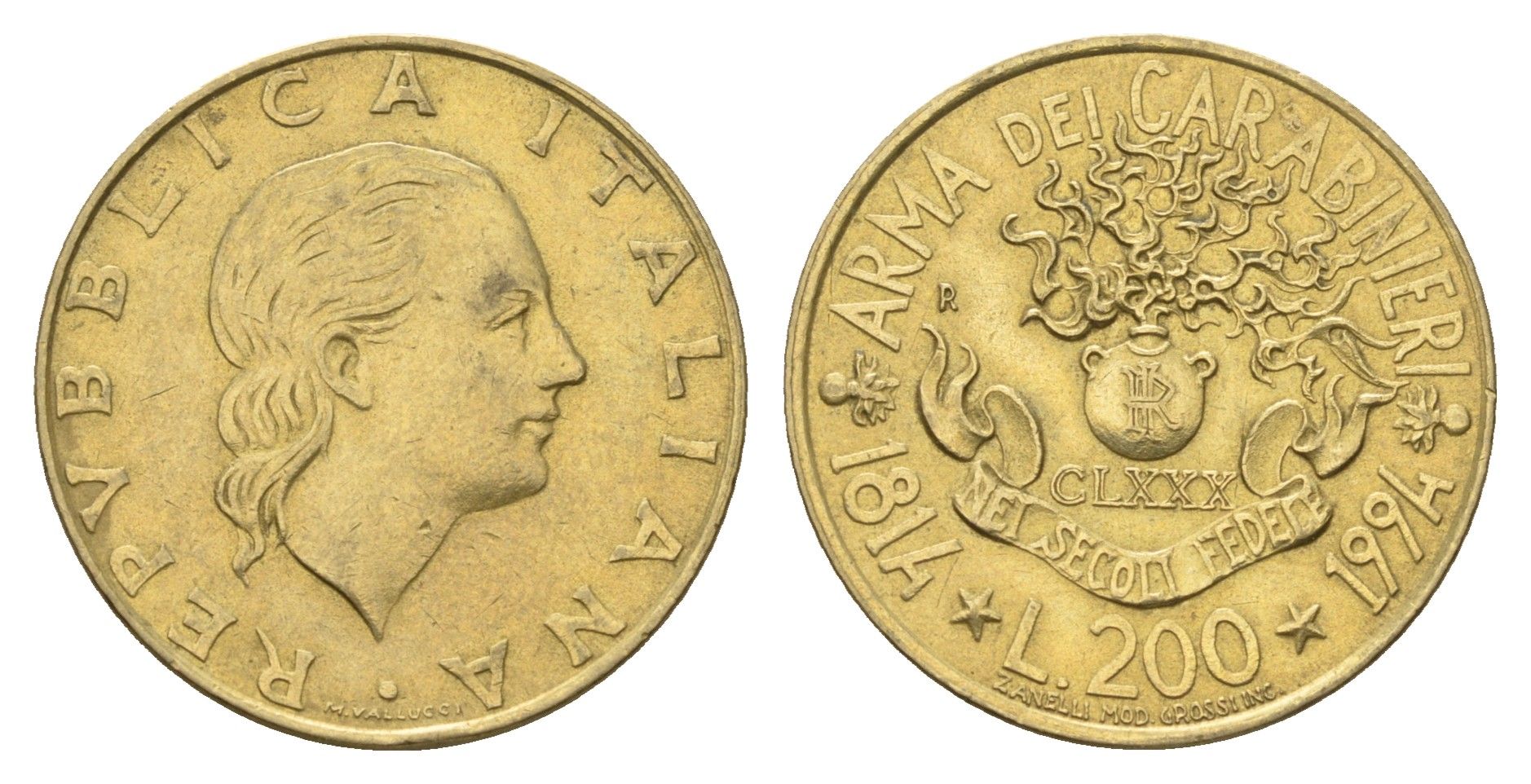 Италия 200 лир 1994 180 лет карабинерам KM 164 алюминиевая бронза 4638-746