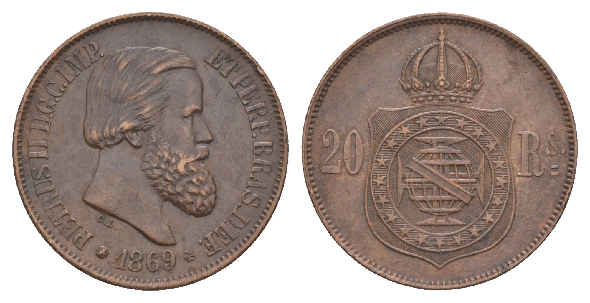 Бразилия 20 реалов (рейсов) 1869 Брюссель, Педро II (1831-1889) KM 474 бронза 1519-1325