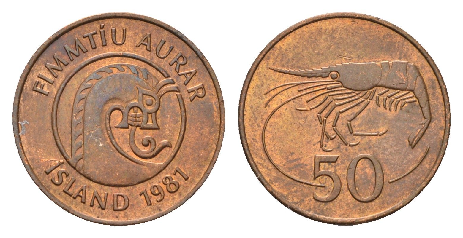 Исландия 50 эйре 1981 креветка KM 26 бронза UNC 4690-561