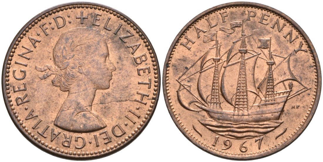 Великобритания 1/2 пенни 1967 Елизавета II (1952-2022) KM 896, Spink 4158 бронза 4561-946