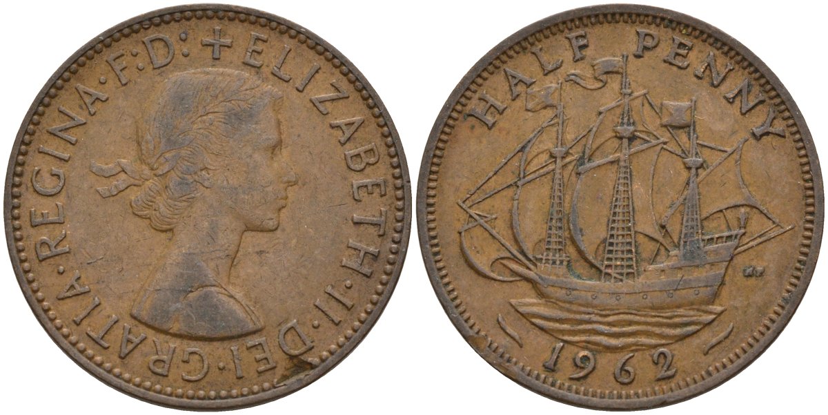 Великобритания 1/2 пенни 1962 Елизавета II (1952-2022) KM 896, Spink 4158 бронза 4146-311