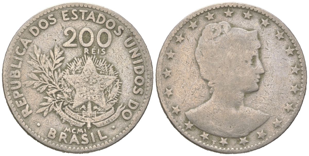 Бразилия 200 реалов 1901 MCMI, голова свободы вправо KM 504 медно-никель 4612-153