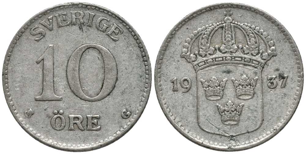 Швеция 10 эре 1937 G, Густав V (1907-1950) КМ 780 серебро 201-1069