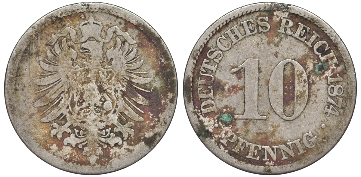 ГЕРМАНИЯ 10 ПФЕННИГОВ 1874 A, СТАРОГЕРБОВКА, KM 4, J. 4 медно-никель 45-1222