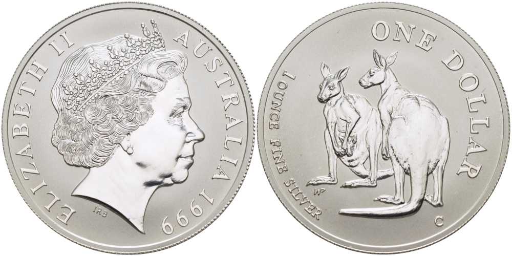 Австралия 1 доллар 1999 пара кенгуру KM 398 серебро  UNC  00-00