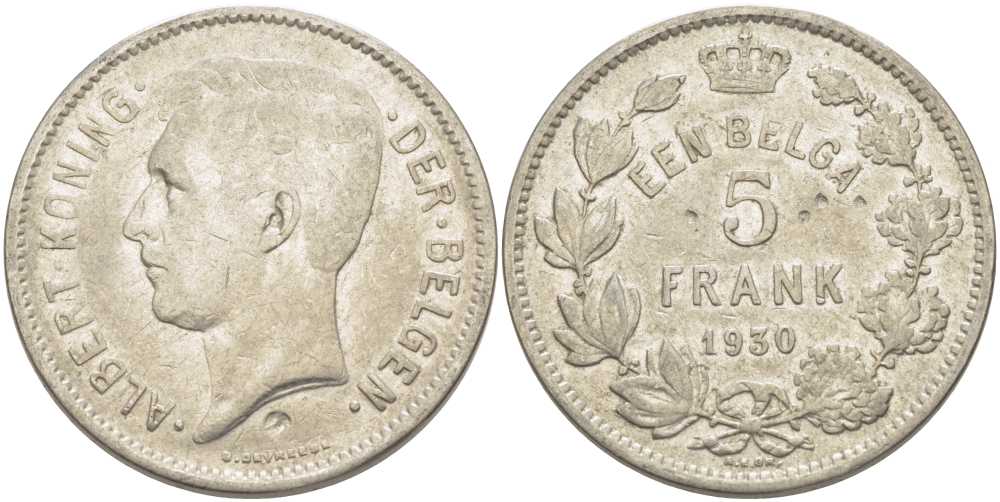 БЕЛЬГИЯ 5 ФРАНКОВ 1930 АЛЬБЕРТ I, DER BELGEN KM 98 никель 3851-316