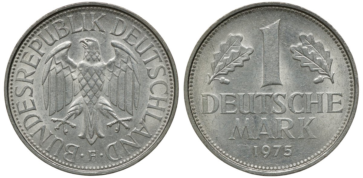 ФРГ 1 МАРКА 1975 F KM 110, J. 385 медно-никель aUNC 72-844