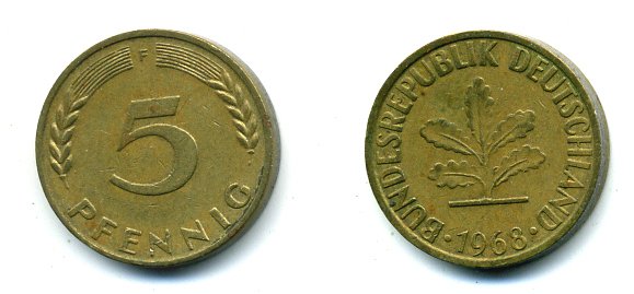ФРГ 5 ПФЕННИГОВ 1968 F KM 107, J 382 сталь плакированная латунью 46-238