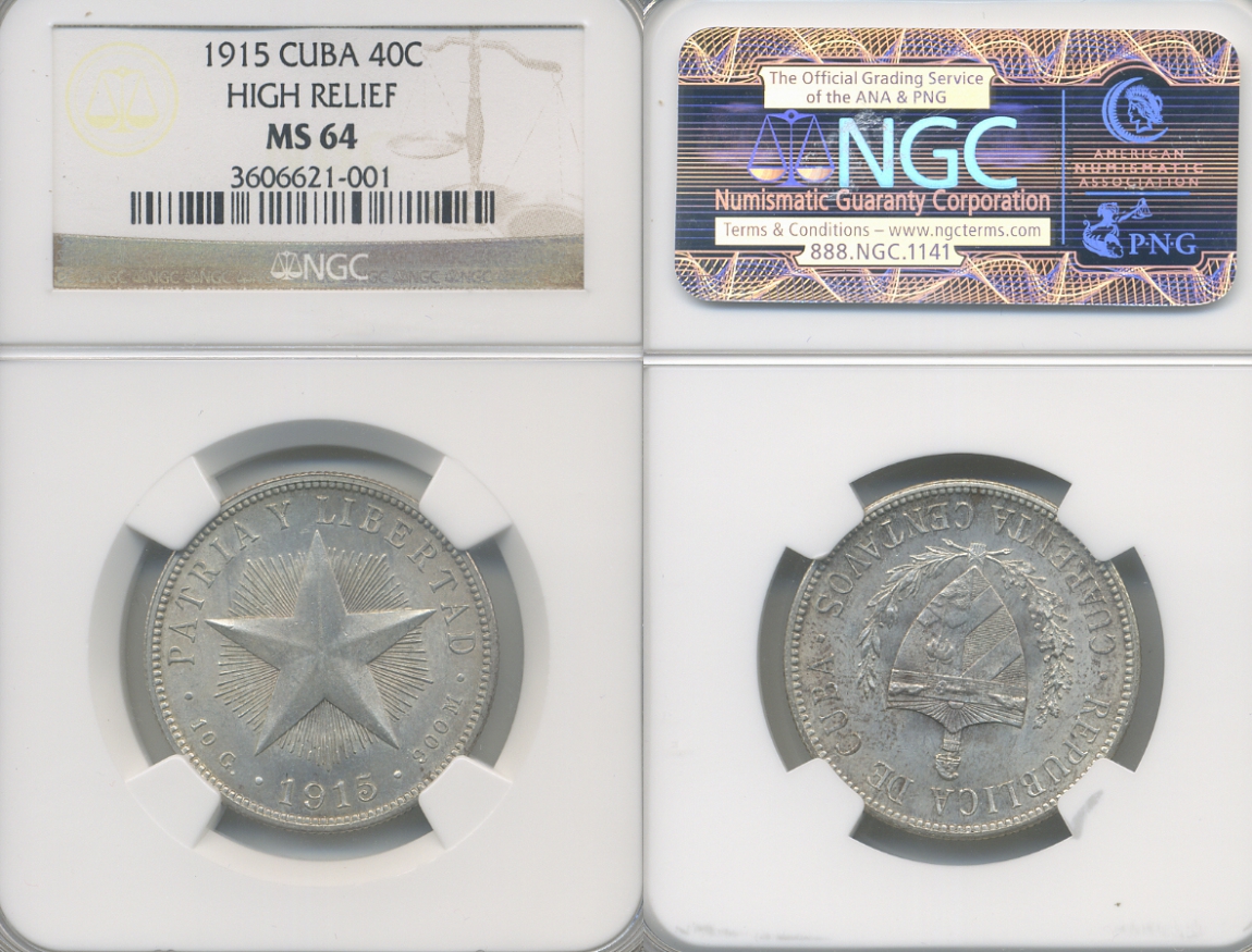 Куба 40 сентаво 1915 в слабе NGC MS 64, высокий рельеф KM 14 серебро UNC 15-006-07