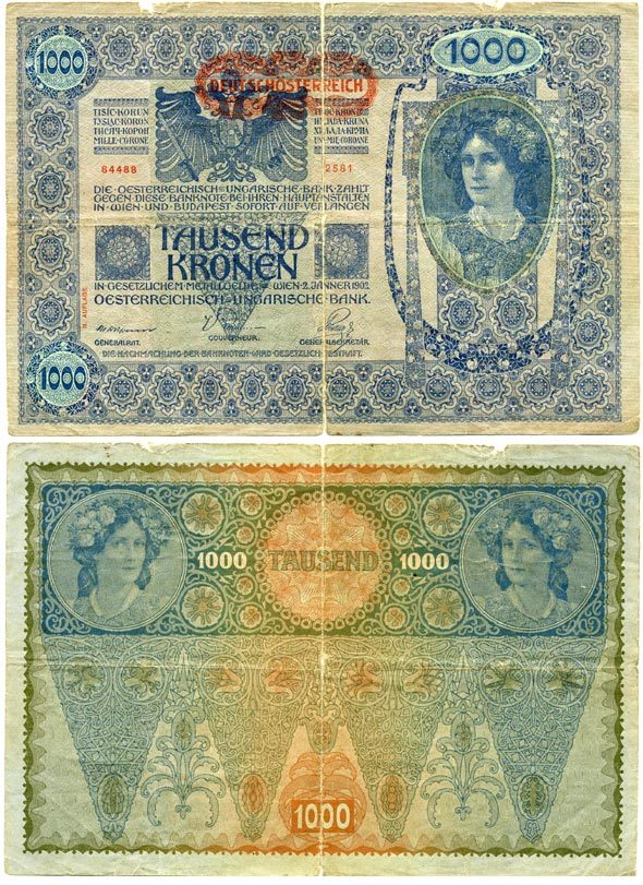 АВСТРИЯ 1000 КРОН 1919 КРАСНАЯ ГОРИЗОНТАЛЬНАЯ НАДПЕЧАТКА НА 1902 Pick 60 бумага 7146-43-2-1