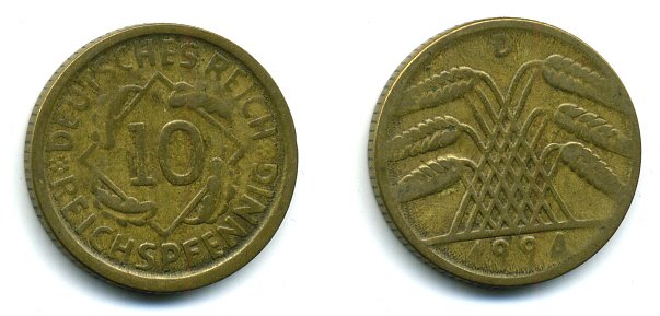 ГЕРМАНИЯ 10 РЕЙХСПФЕННИГОВ 1924 D KM 40, J. 317, Weege 9 алюминиевая бронза 56-947