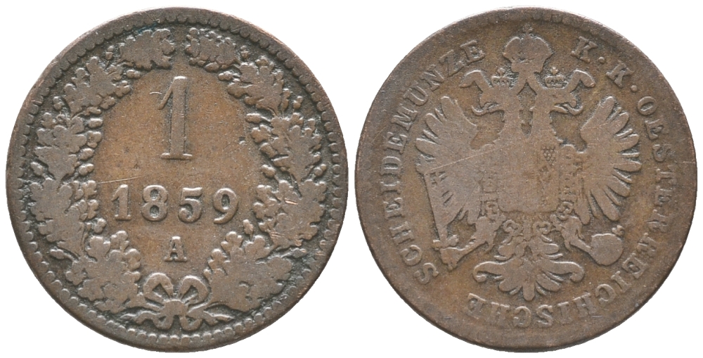 Австрия 1 крейцер 1859 A, Франц Иосиф I (1848-1916) KM 2186 медь 100-932