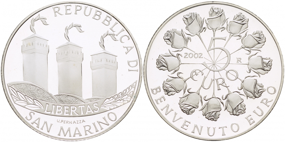 Сан-Марино 5 евро 2002 R, добро пожаловать евро KM 448 серебро PROOF 1087-2-13