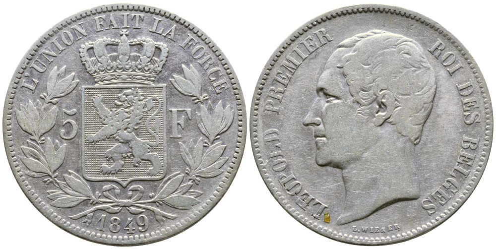 Бельгия 5 франков 1849 Леопольд I (1831-1865) KM 17 серебро 74-1112