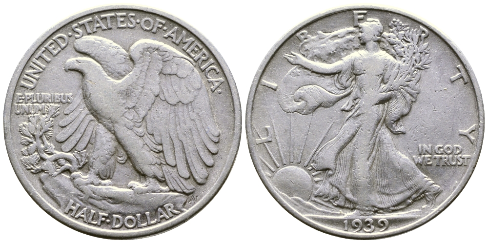 США 1/2 доллара (50 центов) 1939 шагающая свобода KM 142 серебро 87-1344