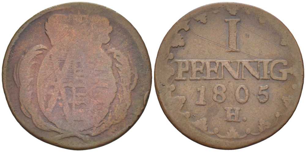 САКСОНИЯ 1 ПФЕННИГ 1805 Н, ФРИДРИХ АВГУСТ III (1763-1806) KM 1000 (С91) медь 206-358