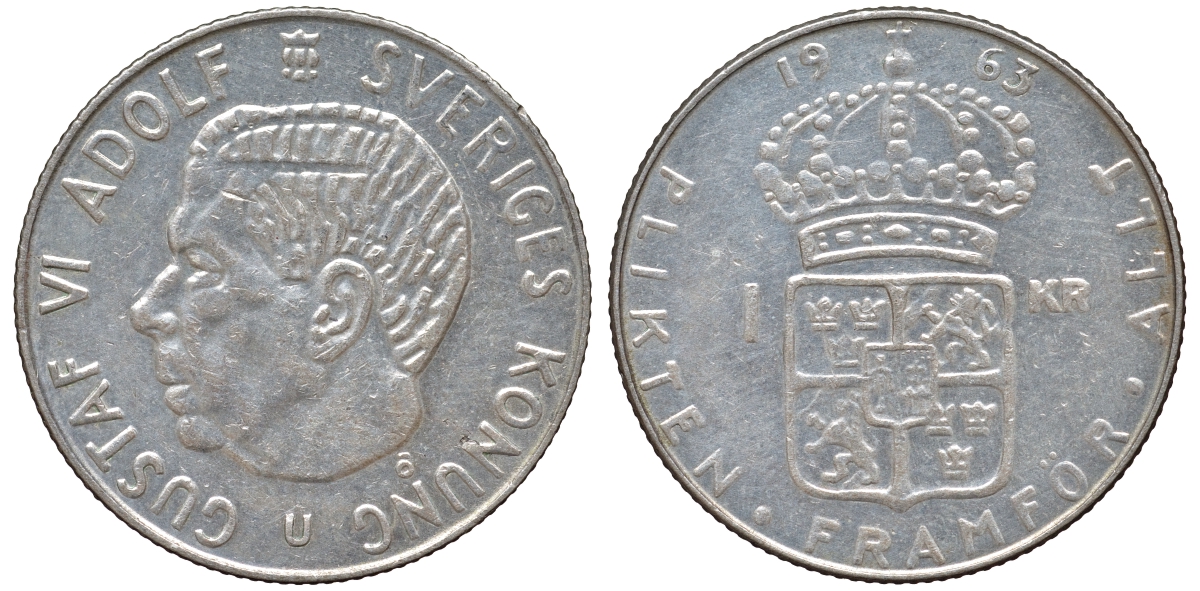 Швеция 1 крона 1963 U, Густав VI Адольф (1950-1973) KM 826 серебро 4178-752