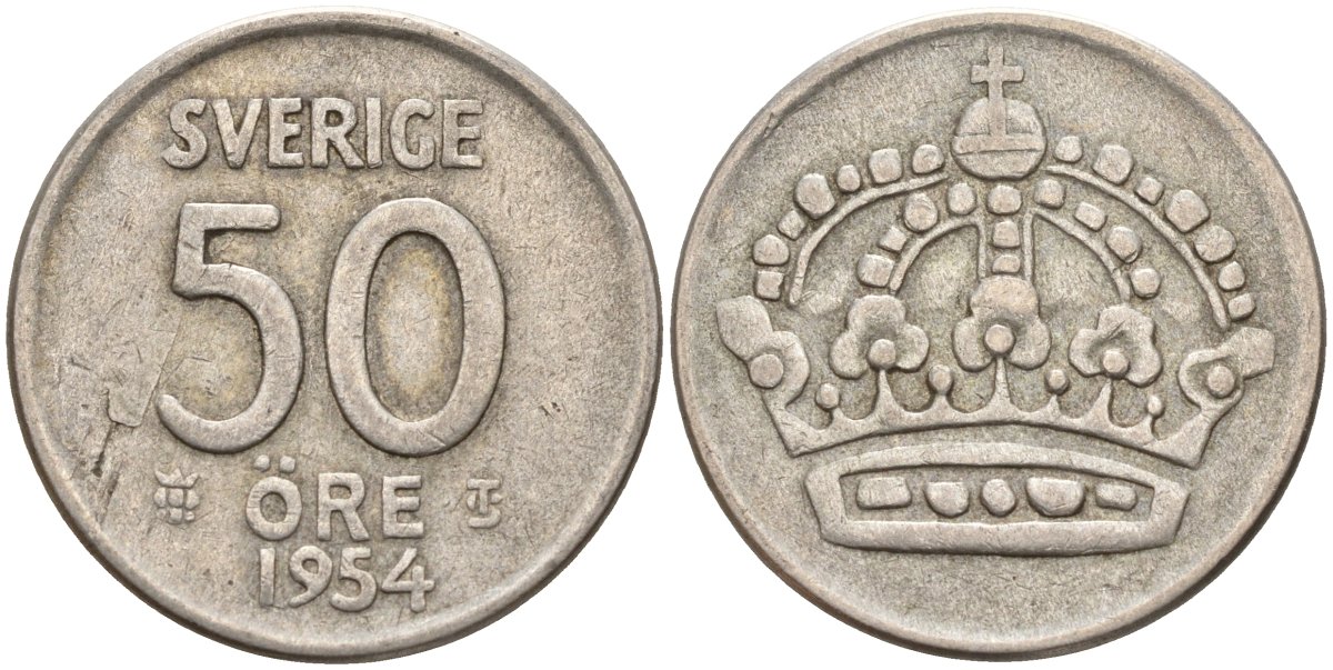 Швеция 50 эре 1954 TS, Густав VI Адольф (1950-1973) KM 825 серебро 4148-927