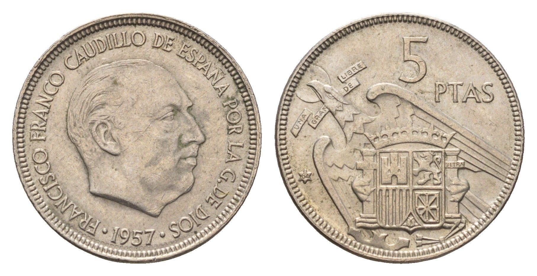 Испания 5 песет 1957 (64) Франсиско Франко (1939 - 1975) KM 786 медно-никель 4648-947