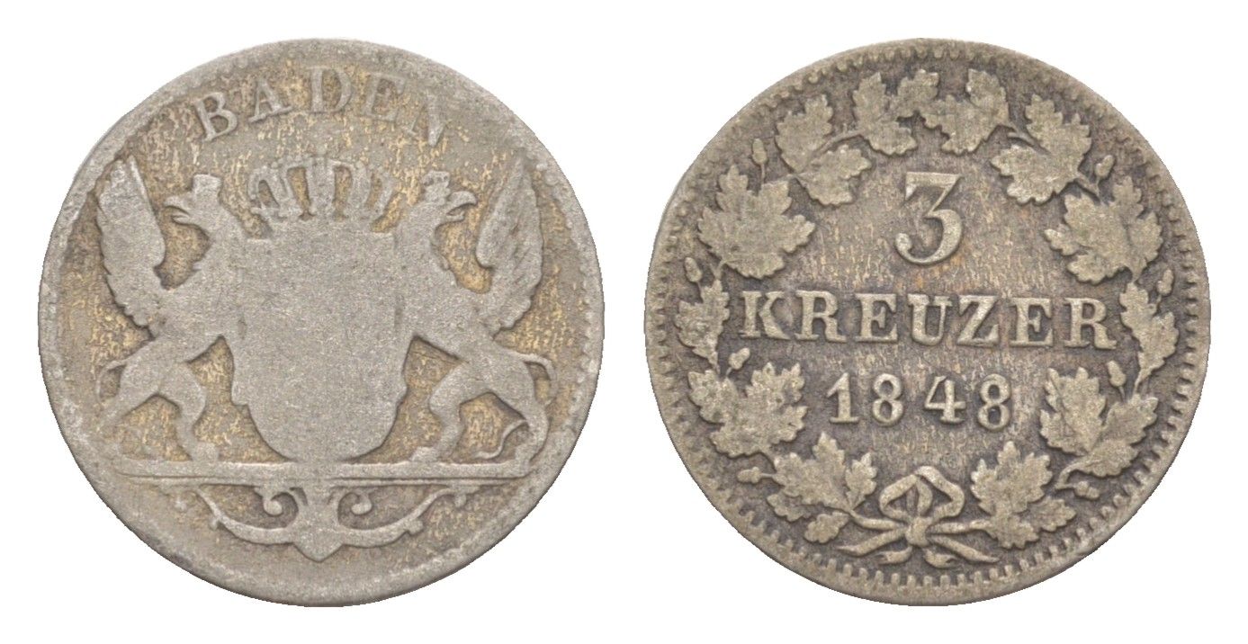 Баден 3 крейцера 1848 Леопольд (1830-1852) KM 211 серебро 4639-1267