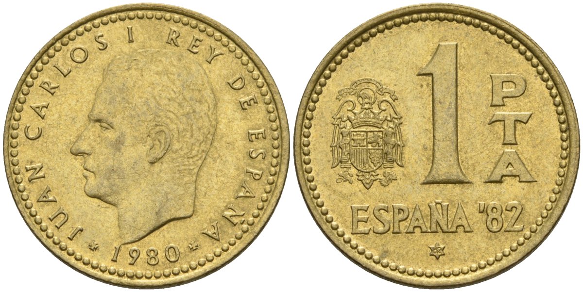 Испания 1 песета 1980 (82) чемпионат мира по футболу 1982 года в Испании, Хуан Карлос I (1975 - 2014) KM 816 алюминиевая бронза 4604-457