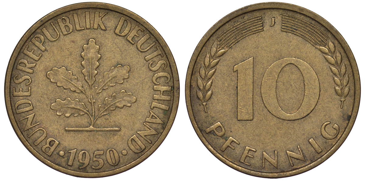 ФРГ 10 пфеннигов 1950 J KM 108, J 383 сталь плакированная латунью 25-1743
