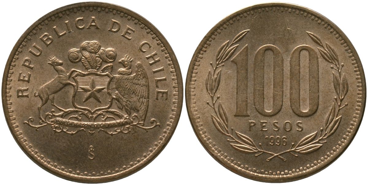 Чили 100 песо 1996 So KM 226.2, Schon 71 алюминиевая бронза UNC 4544-1246