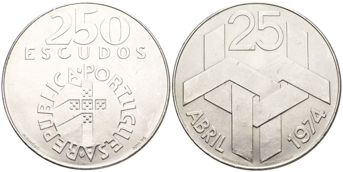 Португалия 250 эскудо 1976 Революция гвоздик 25 апреля 1974 года KM 604 серебро UNC 4558-332