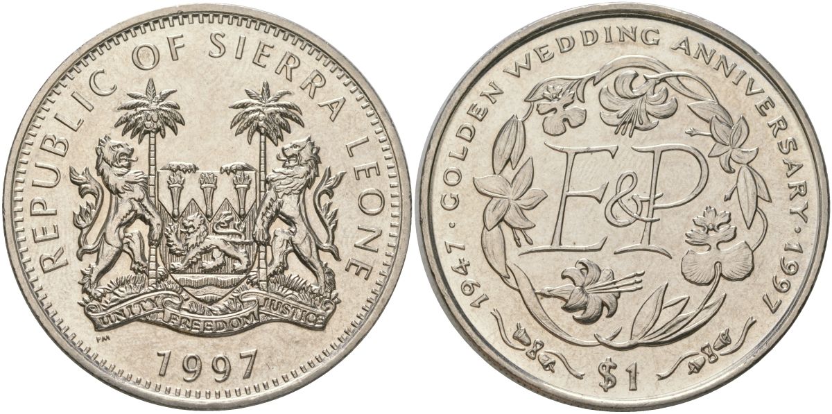 Сьерра-Леоне 1 доллар 1997 Золотая годовщина свадьбы - монограмма ЕР KM 53 медно-никель BU 4368-925