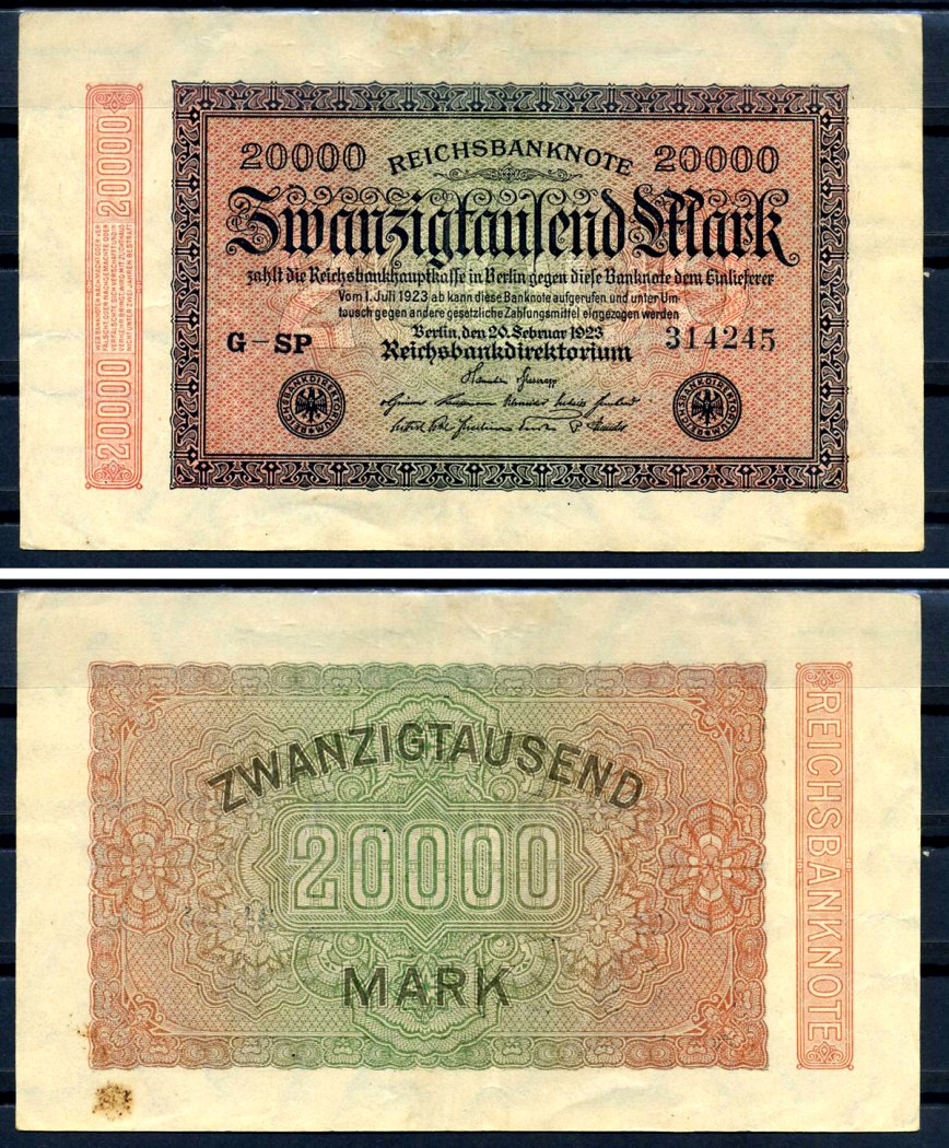 Германия 20000 марок 1923 20 февраля 1923, водяной знак E Pick 85 b бумага 8564-39-2-1