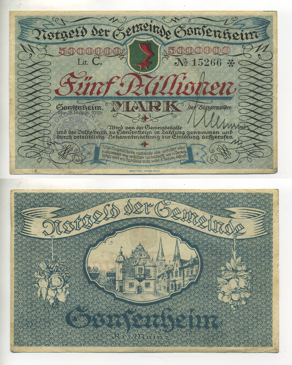 Германия, Майнц 5000000 марок 1923 нотгельд, 17 августа 1923   бумага 434-21-3-2