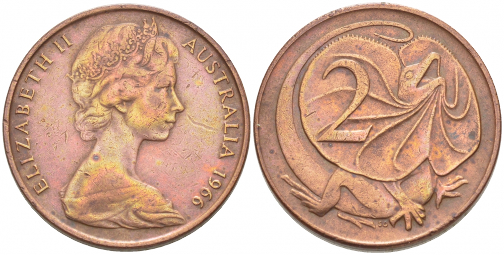 Австралия 2 цента 1966 Елизавета II (1952-), плащеносная ящерица KM 63 бронза 3996-926