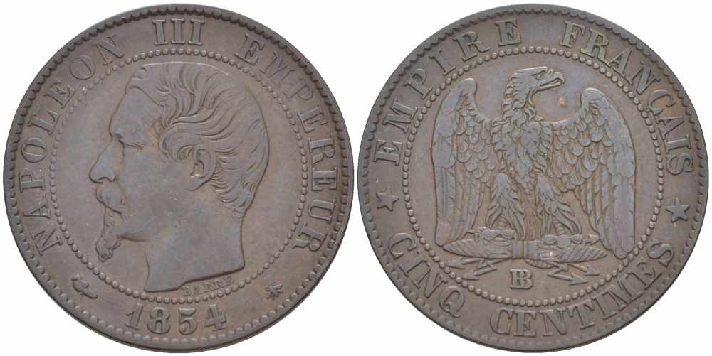 Франция 5 сантимов 1854 BB, Наполеон III (1852-1870) KM 777.3, LE FRANC 116.10 бронза 108-246