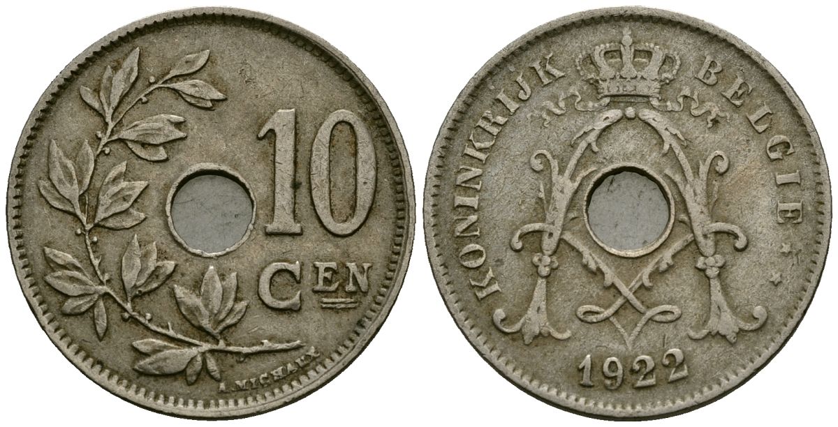 Бельгия 10 сантимов 1922 Belgie KM 86 медно-никель 4172-643