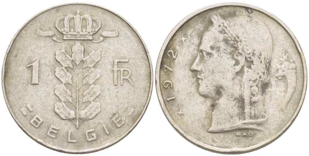 БЕЛЬГИЯ 1 ФРАНК 1972 BELGIE KM 143.1 медно-никель 217-832