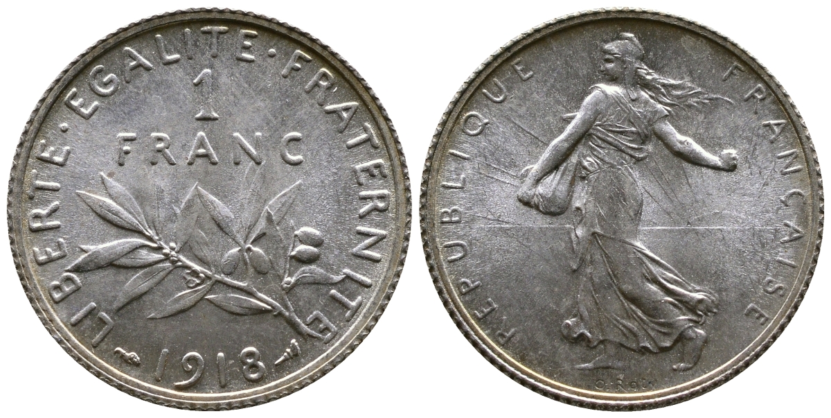 Франция 1 франк 1918 сеятель KM 844.1, Le Franc 217.24 серебро UNC 259-724