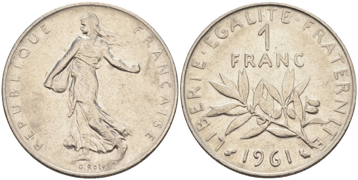 Франция 1 франк 1961 сеятель, тип Semeuse KM 925, Le Franc 226.6 никель 4592-1056