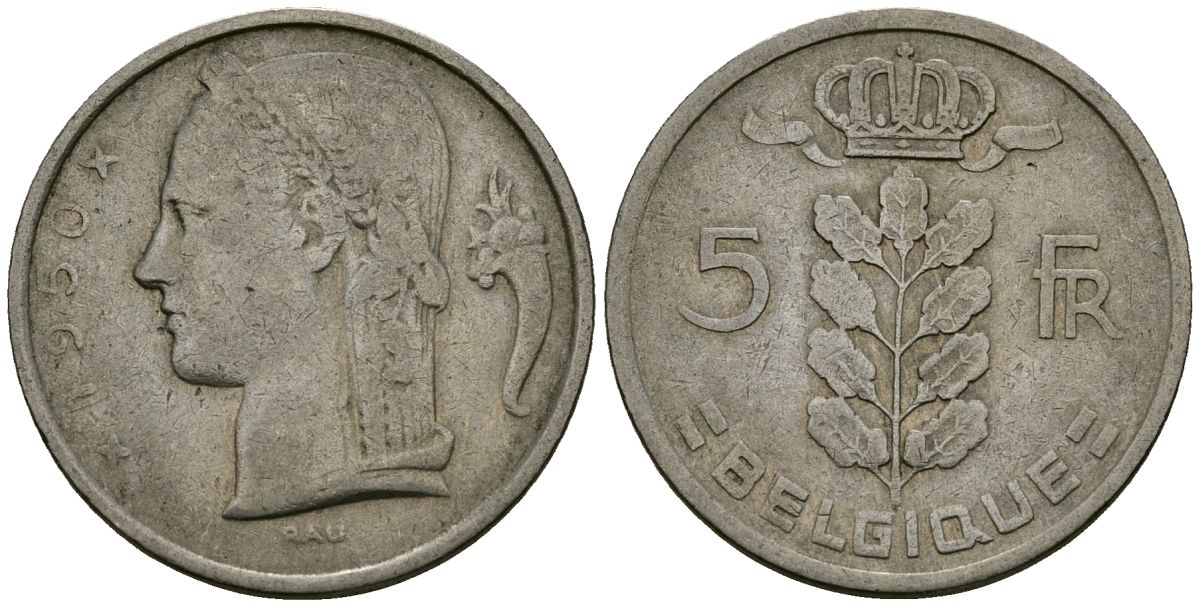 Бельгия 5 франков 1950 Belgique KM 134 медно-никель 4172-547