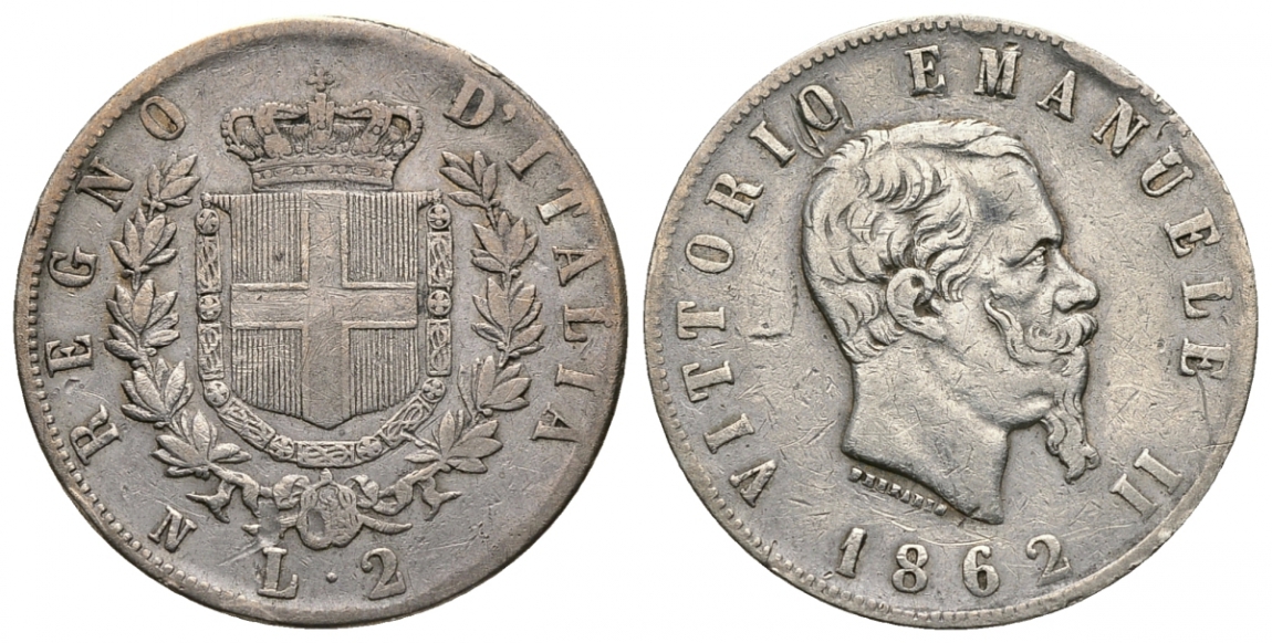 Италия 2 лиры 1862 N, Виктор Эммануил II, самый редкий год, тип одного года KM 6.2 серебро 00-820-57